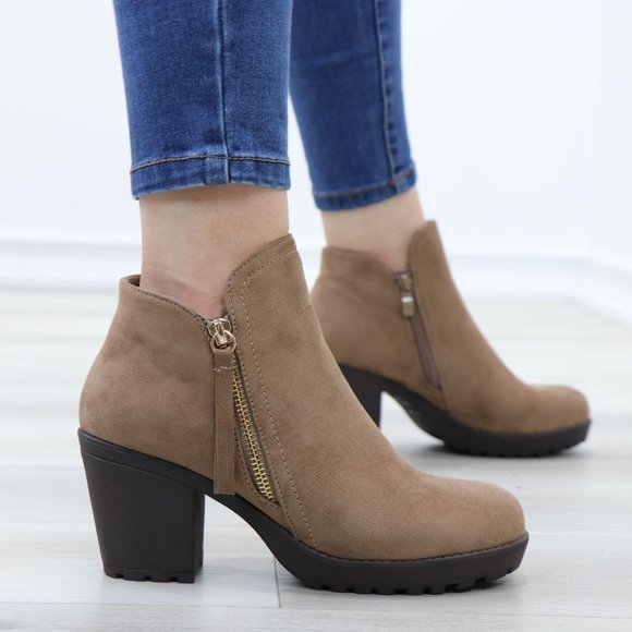 Shoes - Taupe Suede Lug Chunky Heel Ankle Boots